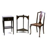 An oak corner stick stand, a mahogany bedside table, a poker work stool and a bedroom chair (4)