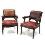 A pair of Regency carved mahogany library chairs with red leather back cushion and seats, with