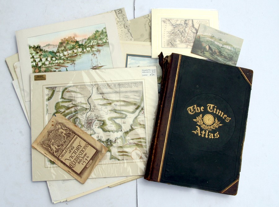 A group of Admiralty maps; together with unframed 19th century maps, watercolours, prints, The Times
