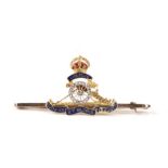 An early 20th century Royal Regiment of Artillery yellow metal (tests as gold) sweetheart brooch set