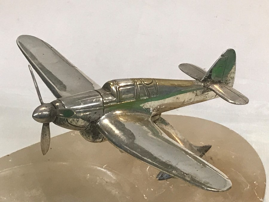 A mid century desk stand, surmounted a silver plated Spitfire on the alabaster base, 18 cm, 7 inch - Image 3 of 3