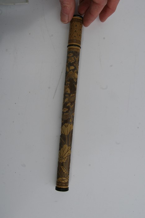 A Chinese hardwood brush pot, 11cms (4.25ins) high; together with a Chinese bamboo chopstick case - Image 14 of 17