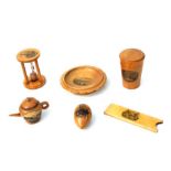 A collection of Victorian Mauchline ware to include a teapot form thimble case and an egg timer.