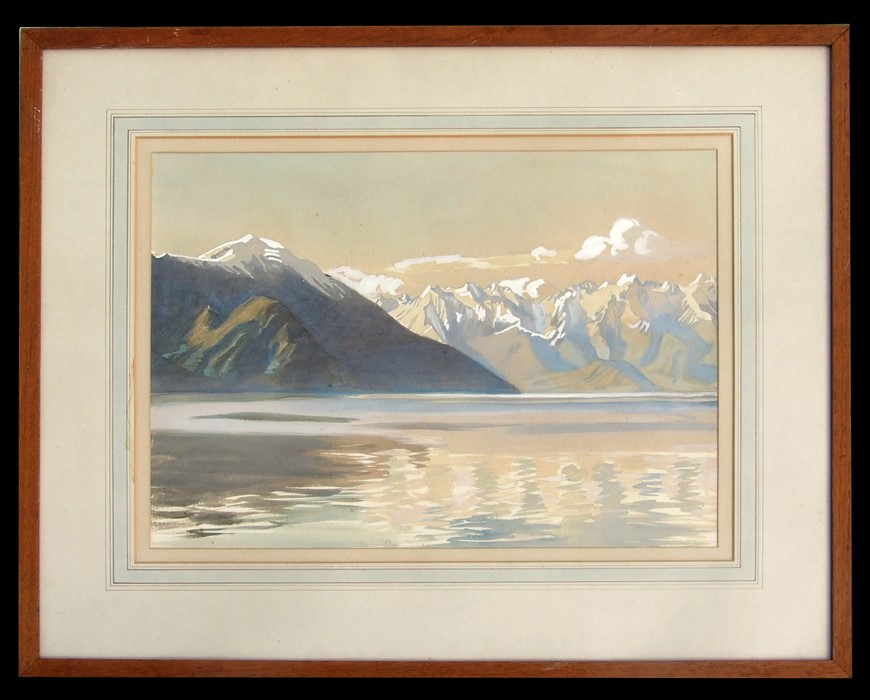 Attributed to Frank O Salisbury - Mountainous Lake Scene - watercolour, framed & glazed, 49 by 36cms