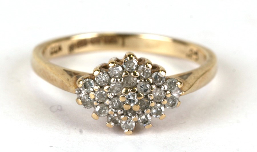 A 9ct gold diamond cluster ring, weight 2.2g, approx UK size 'K'.