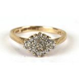 A 9ct gold diamond cluster ring, weight 2.2g, approx UK size 'K'.