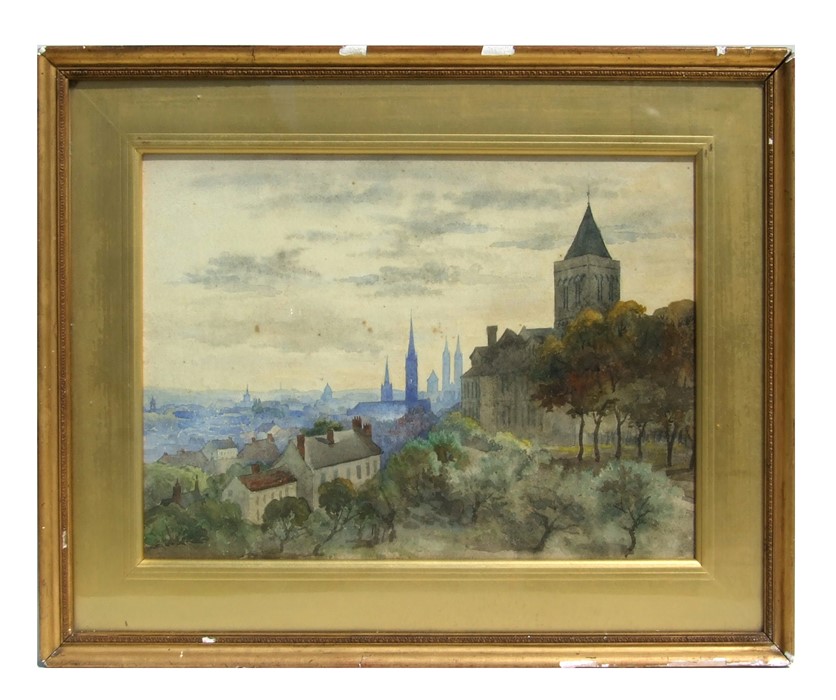 Continental school - View of the Abbey of St Etienne - watercolour, F Casson Art Dealer label to