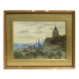 Continental school - View of the Abbey of St Etienne - watercolour, F Casson Art Dealer label to