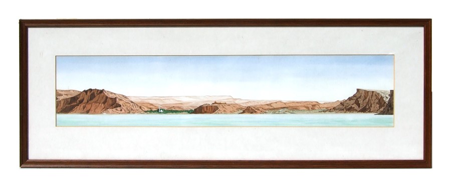 Early 20th century school - A Middle Eastern panoramic coastal landscape scene, 68 by 15cms (26.75