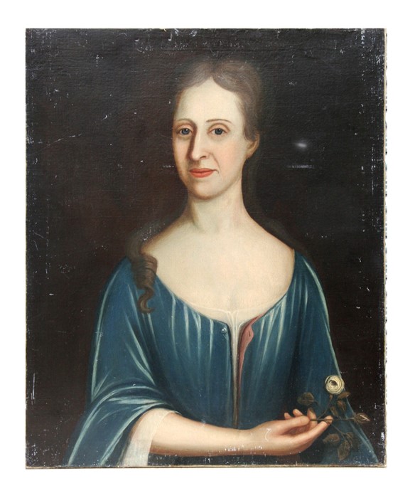 19th century English school - Head and Shoulder Portrait of a Lady in a Blue Velvet Dress Holding