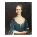 19th century English school - Head and Shoulder Portrait of a Lady in a Blue Velvet Dress Holding