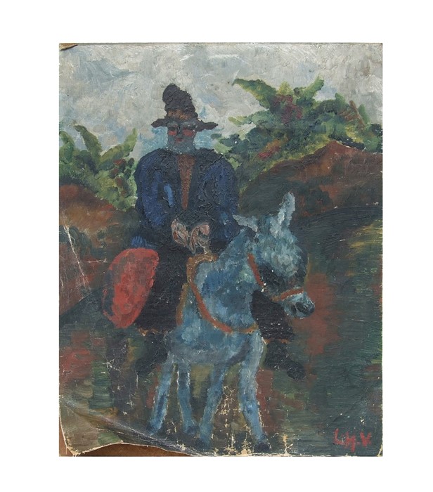 20th century - Figure on a Donkey - initialled 'LHV' lower right, oil on canvas mounted on board,