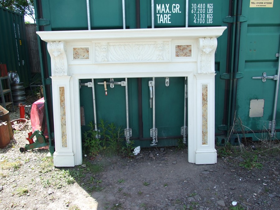 A large Adams style painted fire surround with carvings of the Green Man and inset granite panels, - Image 2 of 2