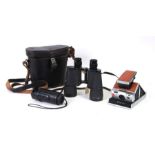 A vintage Polaroid SX-70 Land Camera; together with a pair of 7x50 binoculars, cased; a Helios -