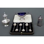 A boxed set of six silver coffee spoons, Birmingham 1936; together with a pierced silver salt,
