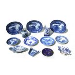 Three Japanese blue & white oval dishes; together with a blue & white pickle dish; and other