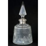 A 925 silver collared cut glass decanter, 29cms high.