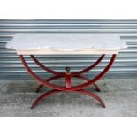 A bespoke shaped marble and steel garden console table. 123cm wideCondition Report56cm deep, 73cm