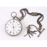 A mid 19th century silver open faced pocket watch, the white porcelain dial with Roman numerals,