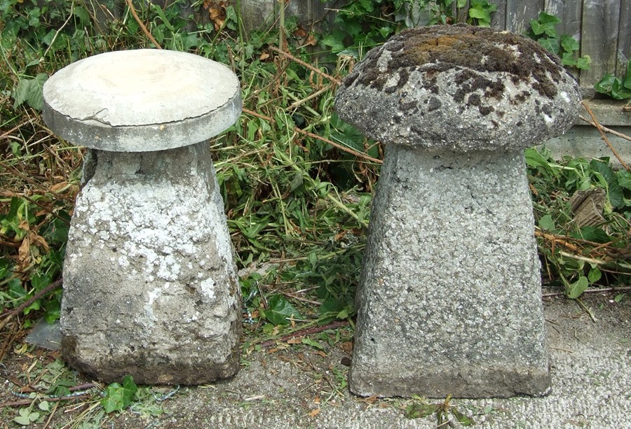 A pair of well weathered concrete staddle stones (one top replaced with new concrete)