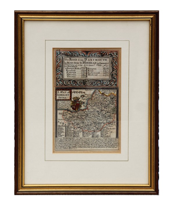 An early 18th century hand coloured map of Somersetshire - The Road from Dartmouth in Devonshire