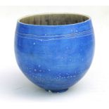 Catriona MacLeod (b1946) - a large raku oval egg shaped Studio pottery vase with blue glaze, 24cms.