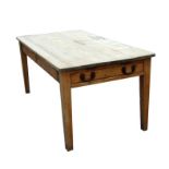 A large pine scrub top kitchen table with single end drawer, on square tapering legs, 166 by 86cms.