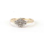 A 9ct gold and diamond cluster ring, approx UK size 'O'.