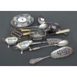 A quantity of silver plated items to include a swan finial pate dish; a wine funnel; a George II
