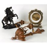A Chinese brass table gong; together with a spelter Marley horse and a twin-arm wall light.