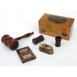 A Victorian Mauchline ware box; together with an auctioneers hardwood gavel; two hardwood quill