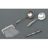 Two small silver ladles; together with a silver coin purse; and a sterling silver cigar piercer (