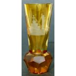 An amber glass vase with etched Masonic emblems, 14cms high.