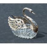 A silver swan and cut glass trinket box, stamped 925 with London import mark, 10cms high.