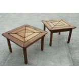 A pair of teak garden tables of rectangular form, on square legs, 70cms wide (2).