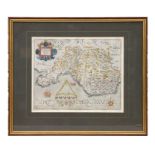 A 17th century hand coloured map of Glamorganshire by Christopher Saxon, framed & glazed, 35 by