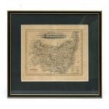 A 19th century hand coloured map of Suffolk, framed & glazed, 28 by 22cms.