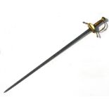 A Rapier type sword with brass hilt, the blade cut with single offset fullers, the hilt with down