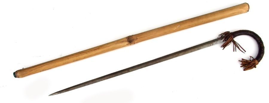 A Sword Stick with straight blade and leather covered steel handle. Blade length 63.5cms (25ins).