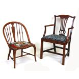 A George III mahogany open armchair with drop-in seat, on square legs joined by an 'H' stretcher;