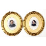 A pair of late 19th century oval portraits depicting a husband and wife, watercolour, framed &