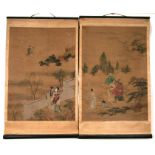 A 19th century Chinese scroll painting on rice paper decorated with figures in a landscape, 55 by