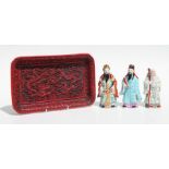 A Chinese red cinnabar lacquer rectangular tray decorated with dragons chasing a flaming pearl,