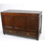 A 19th century oak mule chest with three panelled front above two dummy drawers, on style legs,