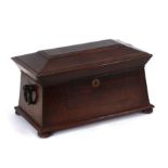 A Victorian rosewood tea caddy of sarcophagus form, on bun feet, 35cms wide.