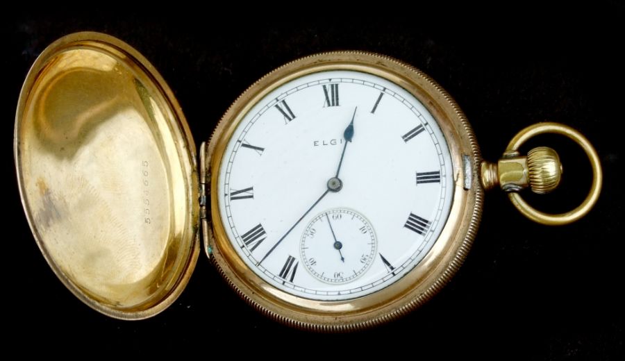 An Elgin gold plated Hunter pocket watch, the white dial with Roman numerals and subsidiary