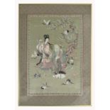 A silk work panel picture, the central panel depicting a sage and a lady with a fawn and cranes,