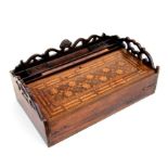 A Victorian mahogany writing slope with three quarter pierced gallery, Tunbridgeware decorated lid