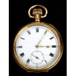 A gold plated open faced pocket watch, the white dial with Roman numerals and subsidiary seconds