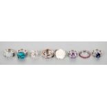 Eight silver dress rings to include coral, flower and turquoise set (8).